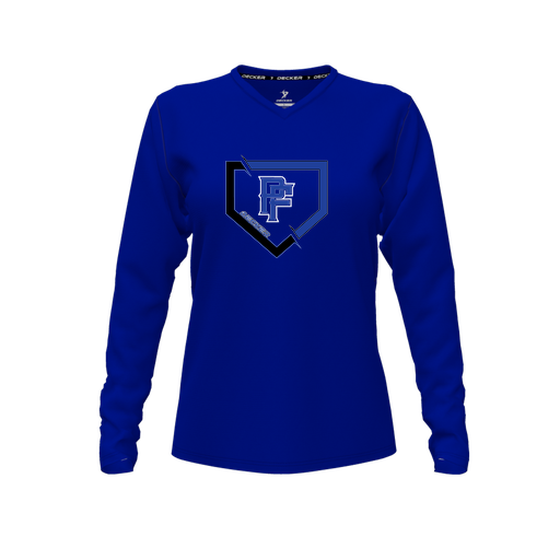 [CUS-DFW-TEES-CMF-VNK-LSL-RYL-FYXS-LOGO1] Decker Comfort T-Shirt (Female Youth XS, Royal, V Neck, Logo 1, Long Sleeve)