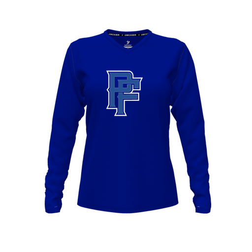 [CUS-DFW-TEES-CMF-VNK-LSL-RYL-FYXS-LOGO3] Decker Comfort T-Shirt (Female Youth XS, Royal, V Neck, Logo 3, Long Sleeve)