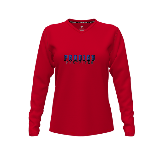 [CUS-DFW-TEES-PER-VNK-LSL-RED-FYXS-LOGO2] Decker Performance T-Shirt (Female Youth XS, Red, V Neck, Logo 2, Long Sleeve)