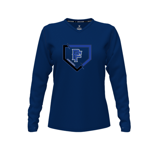 [CUS-DFW-TEES-CMF-VNK-LSL-NVY-FYXS-LOGO1] Decker Comfort T-Shirt (Female Youth XS, Navy, V Neck, Logo 1, Long Sleeve)