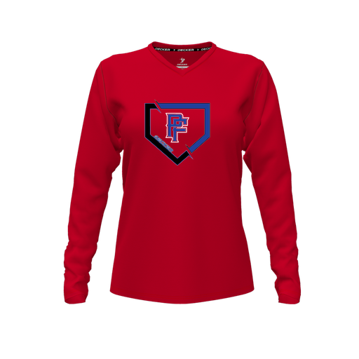 [CUS-DFW-TEES-CMF-VNK-LSL-RED-FYXS-LOGO1] Decker Comfort T-Shirt (Female Youth XS, Red, V Neck, Logo 1, Long Sleeve)