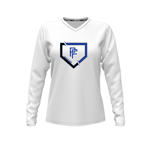 [CUS-DFW-TEES-PER-VNK-LSL-WHT-FYXS-LOGO1] Decker Performance T-Shirt (Female Youth XS, White, V Neck, Logo 1, Long Sleeve)