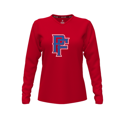 [CUS-DFW-TEES-PER-VNK-LSL-RED-FYXS-LOGO3] Decker Performance T-Shirt (Female Youth XS, Red, V Neck, Logo 3, Long Sleeve)